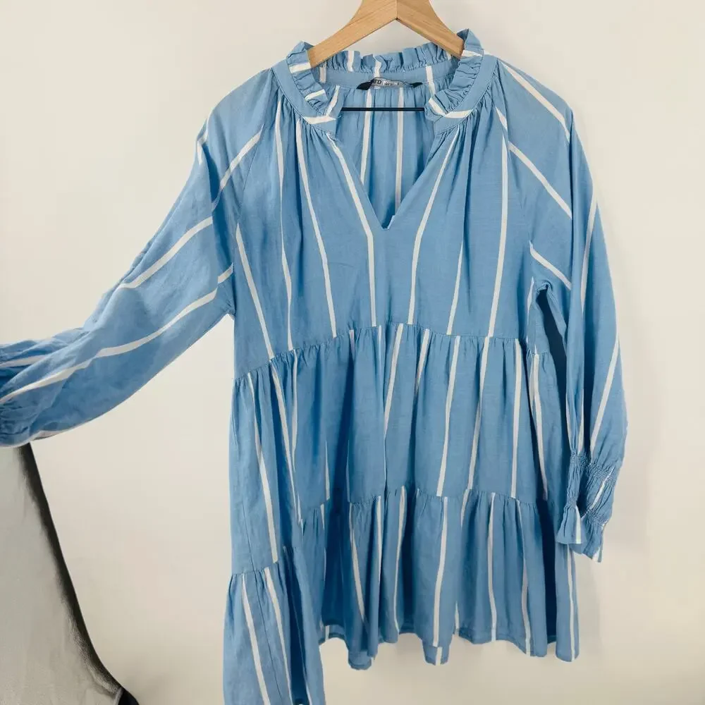 Wild Pony‎ Tiered Babydoll Mini Dress Blue White Stripe Cotton Size S Small